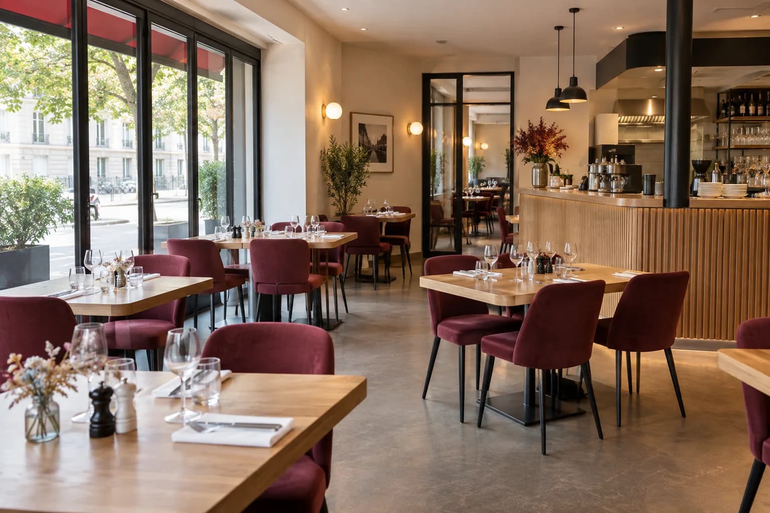 Salle de restaurant lumineuse avec tables, comptoir et circulations dégagées