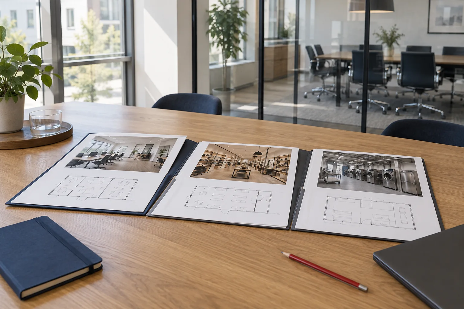 Dossiers de plusieurs sites professionnels réunissant photographies et plans sur une table