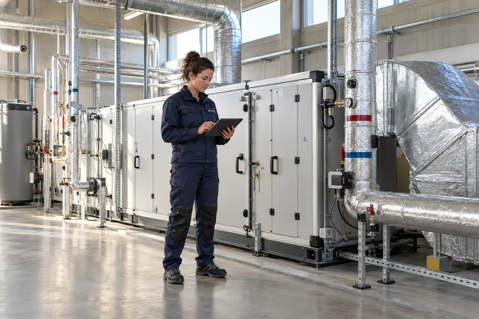 Technicienne consultant une tablette près des équipements de ventilation d’un bâtiment