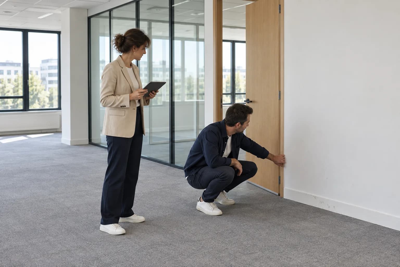 Visite d’état des lieux dans des bureaux vacants, avec examen des portes et des murs