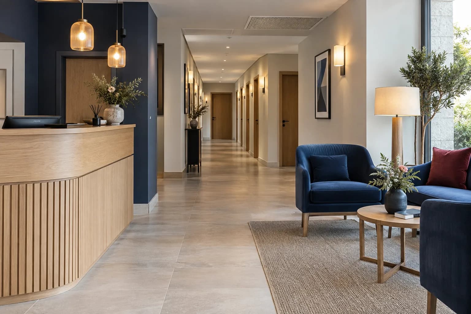 Accueil d’un hôtel avec salon et couloir desservant les chambres