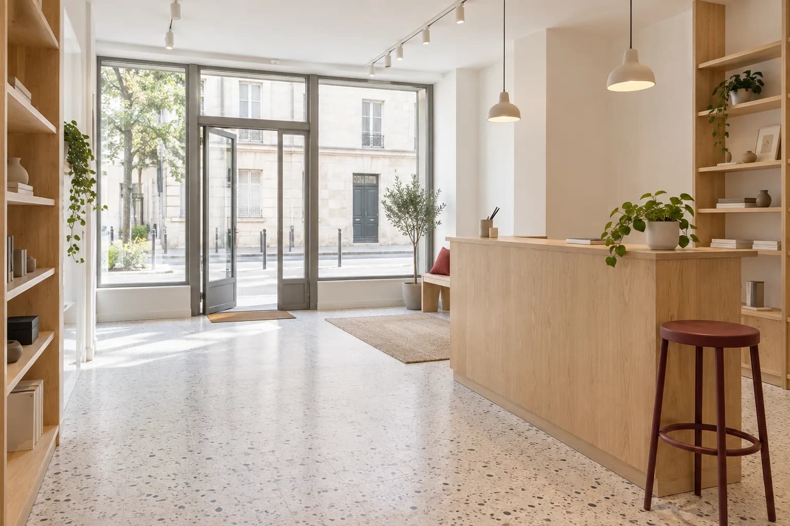 Local commercial lumineux prêt à accueillir une activité, avec comptoir et vitrine