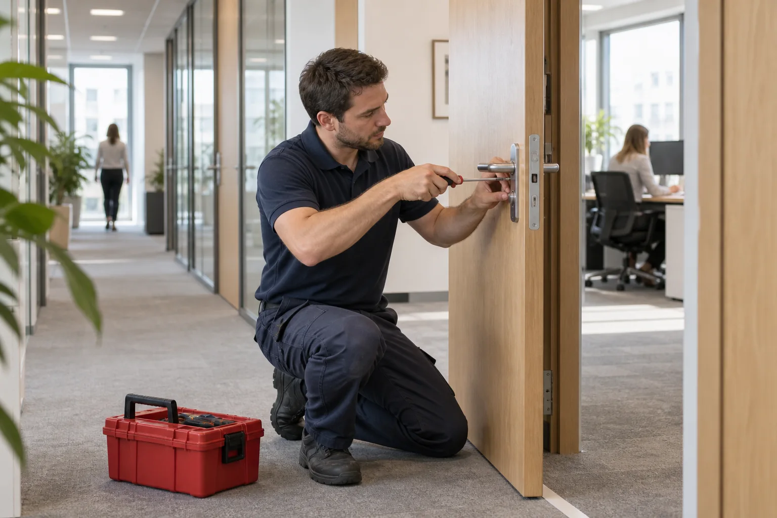 Technicien ajustant une poignée de porte dans des bureaux occupés