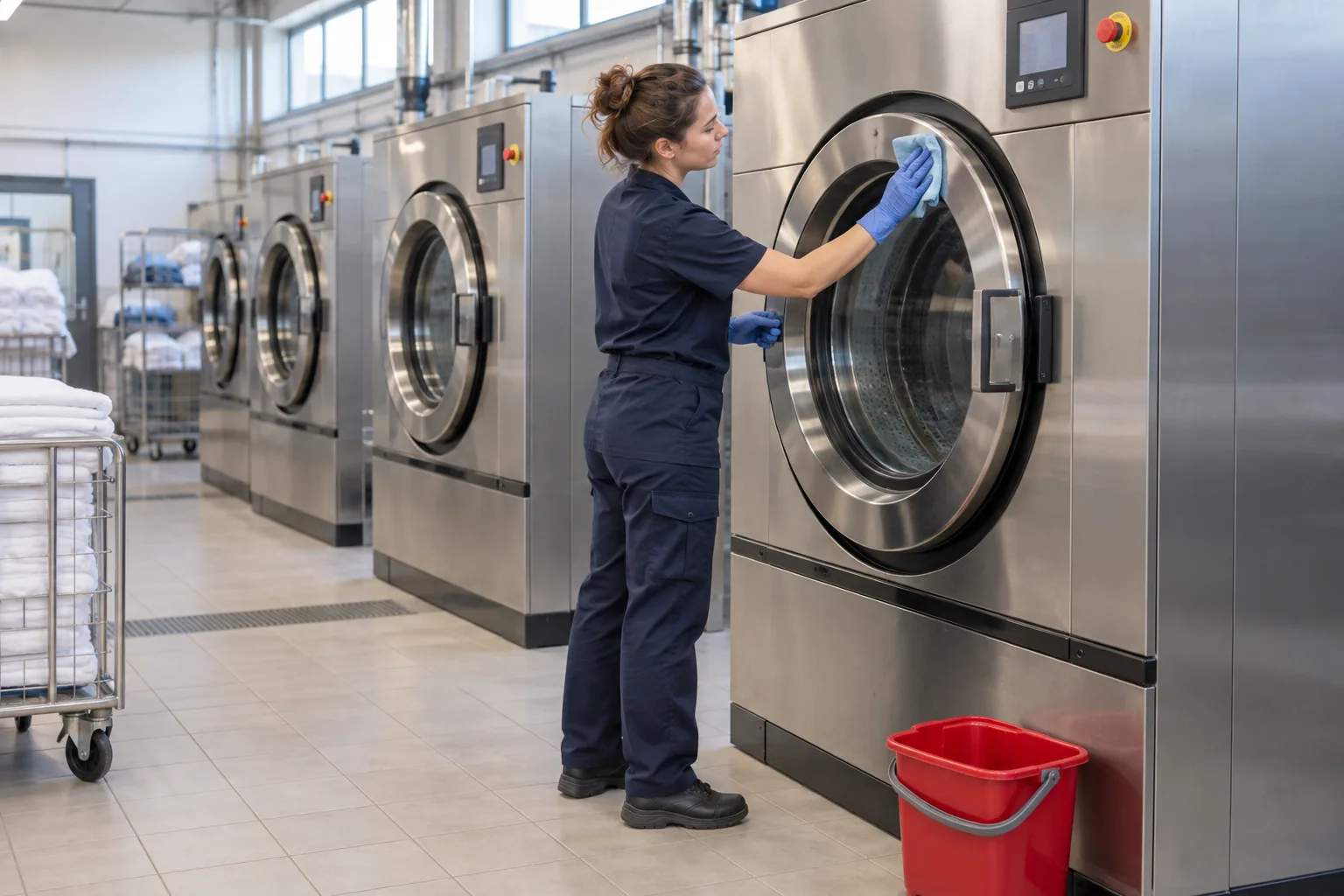 Nettoyage de la façade d’une machine dans une blanchisserie industrielle