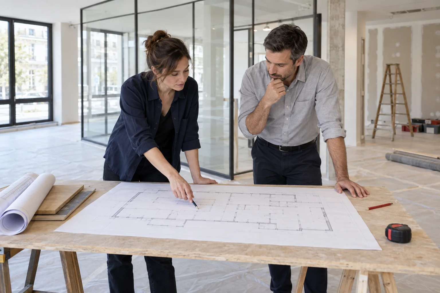 Deux professionnels examinant un plan dans un local avant travaux